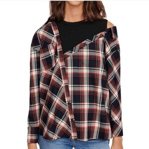 MAJE Lalo Deconstructed Plaid Flannel Long Small Shirt, Asymmetrical Size 1